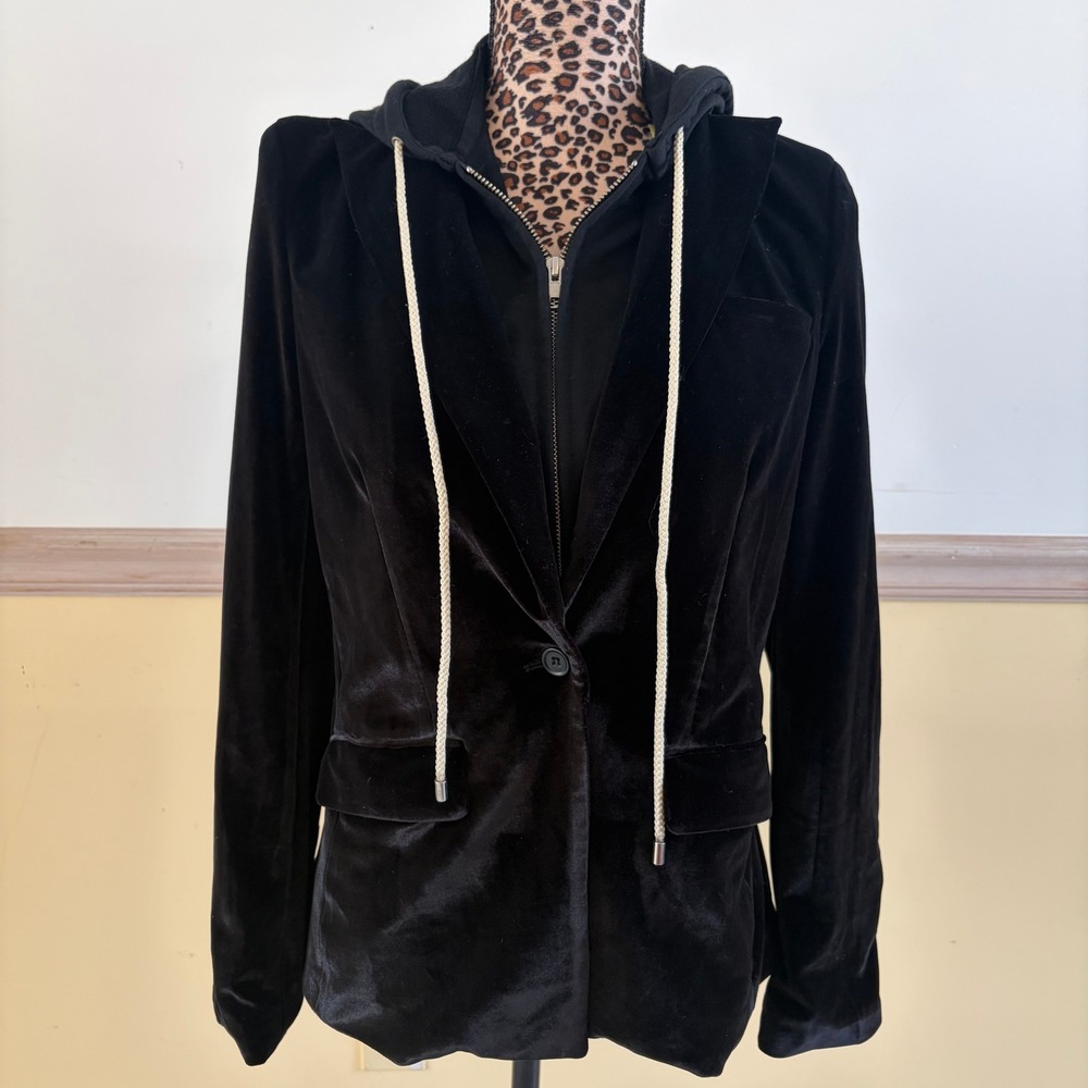 Central Park West Black Velvet Hoodie Blazer Jacket Womens XS Layered Zip Up